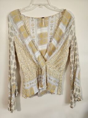 Free People Yellow and White Patterned Wrap Blouse